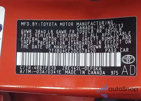 2013 Toyota Corolla S Special Edition from USA, damaged, VIN 2T1BU4EE2DC079420